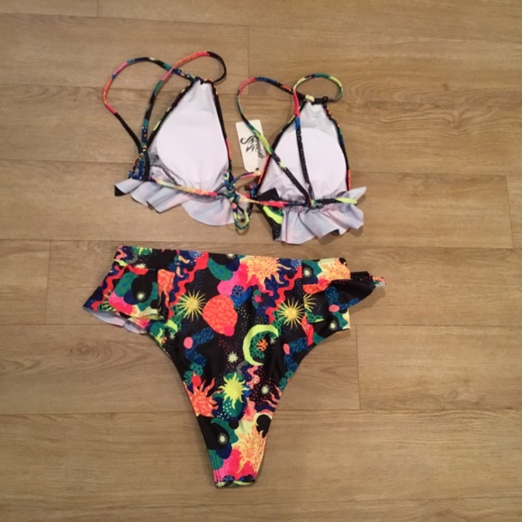 Women’s High Waisted Ruffle V Neck Bikini Bathing Suit - Picture 7 of 8